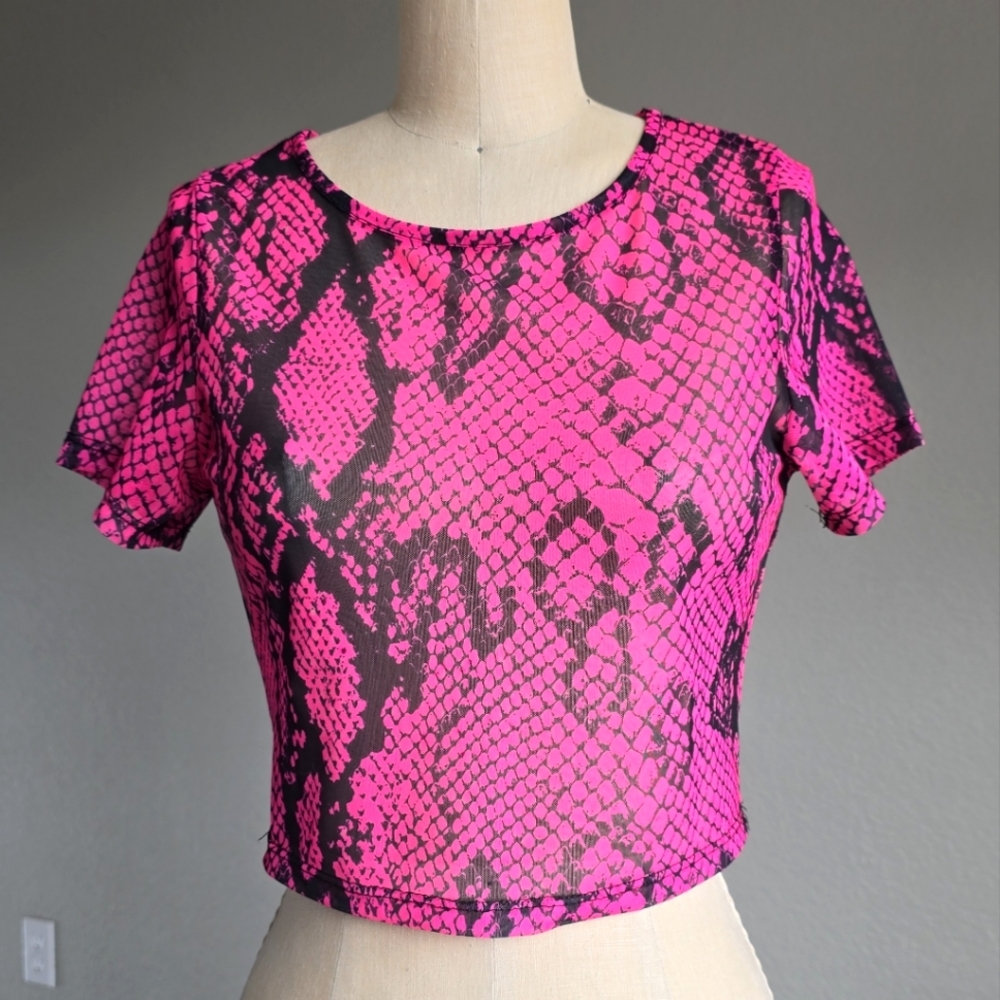 Dolls Kill Sugar Queen Seductress Mesh Crop Top Short Sleeve Pink Snake Print